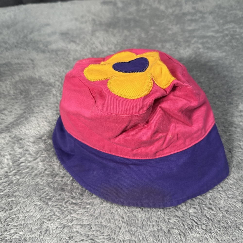 Vintage Okiedokie Kids Bucket Hat Pink Blue Colorblock Flower Embroidered Marks